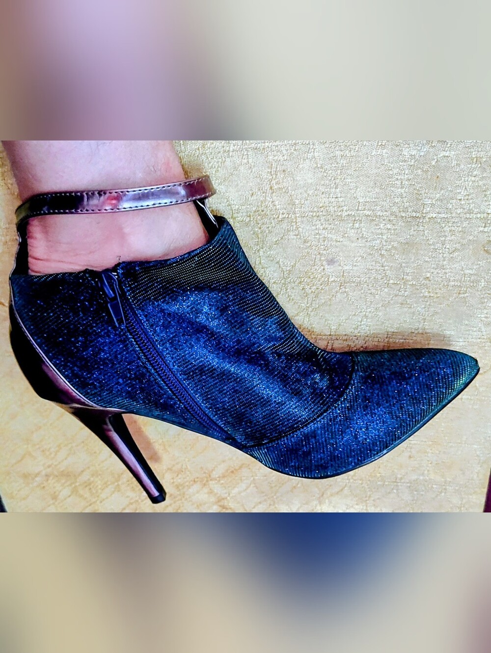 Paper Fox Blue/Green Glitter Ankle Bootie with Metallic Ankle Strap Heel 9